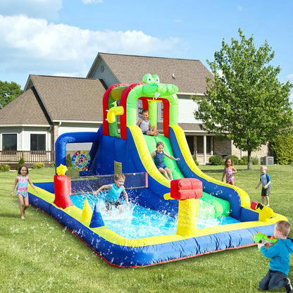 Kids Party Wet Dry Inflatable Bounce House Water Slide Bouncer Combo with Bigger Splash Pool,Climbing,Blower,Basket,Dartboard