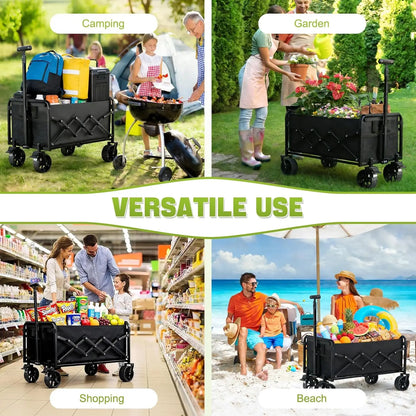 Collapsible Foldable 4-Wheel Utility Wagon Cart Brakes Lightweight Portable All-Terrain Design for Groceries Shopping Camping-2