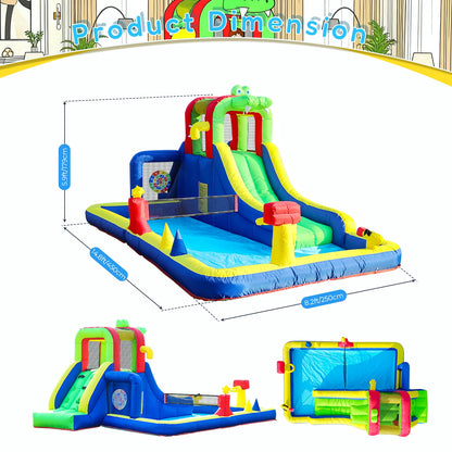 Kids Party Wet Dry Inflatable Bounce House Water Slide Bouncer Combo with Bigger Splash Pool,Climbing,Blower,Basket,Dartboard