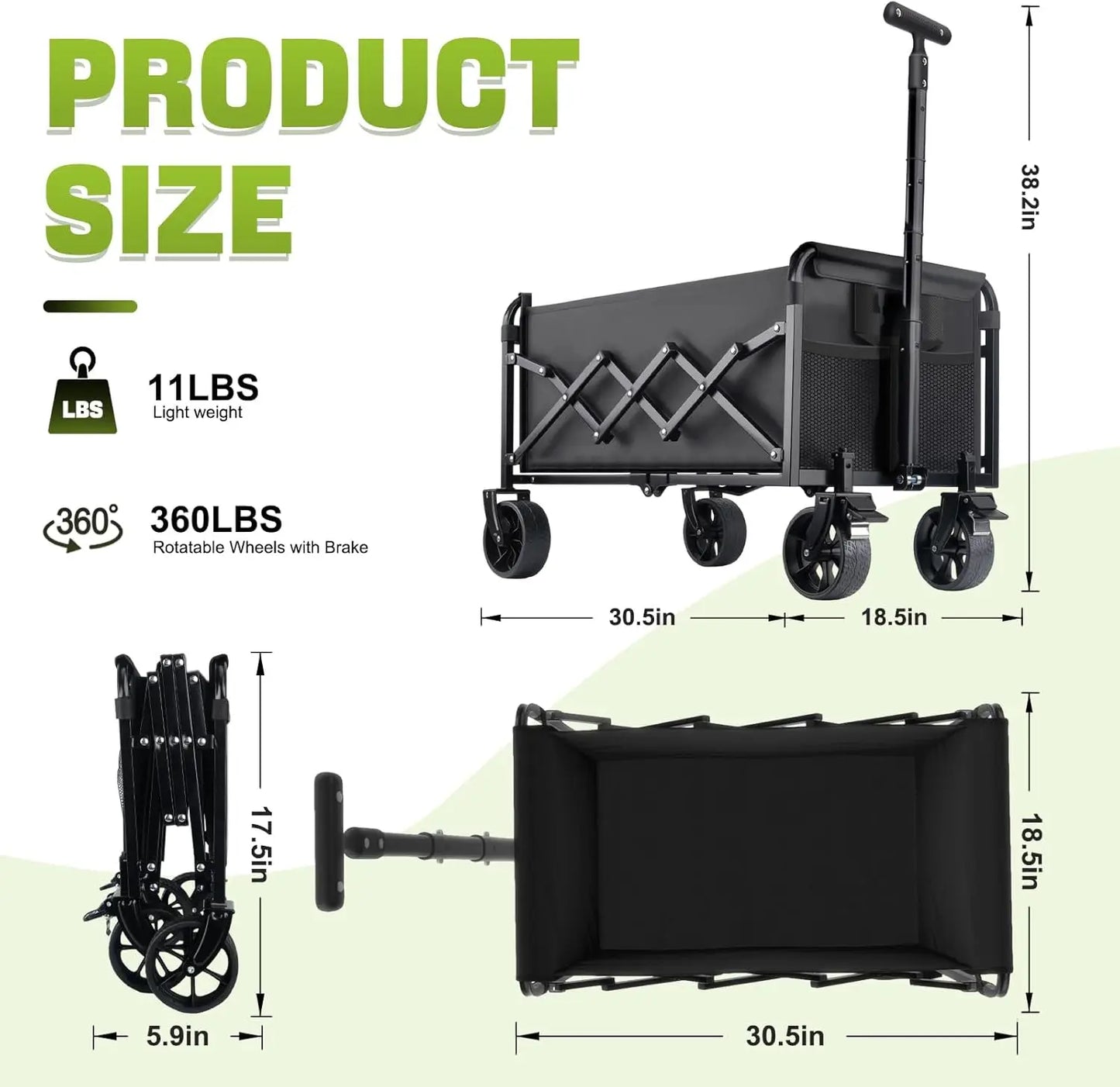 Collapsible Foldable 4-Wheel Utility Wagon Cart Brakes Lightweight Portable All-Terrain Design for Groceries Shopping Camping-2