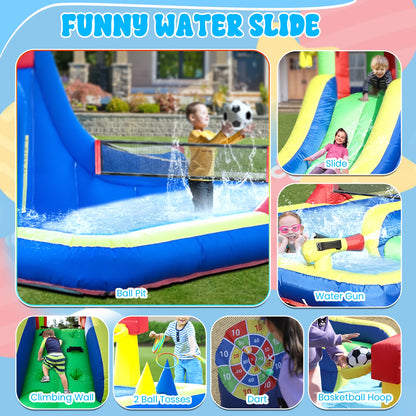 Kids Party Wet Dry Inflatable Bounce House Water Slide Bouncer Combo with Bigger Splash Pool,Climbing,Blower,Basket,Dartboard
